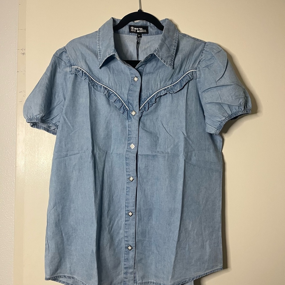 Blue Button Down Shirt with Ruffle Detail